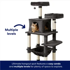 Frisco 64-in Cat Tree With Hammock, Condo, 2 Top Perches With Bed -PetPalace Picks 214387 PT2. AC SS1800 V1667227605