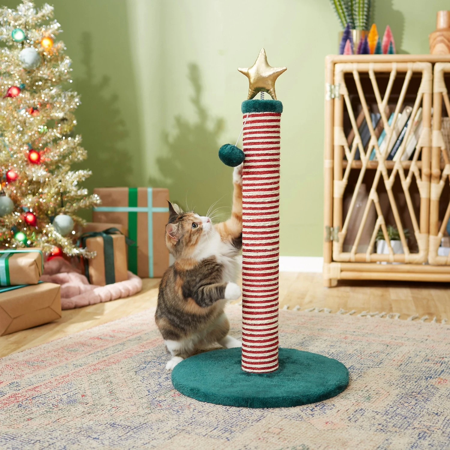 Frisco Holiday 29.5-in Candy Cane Sisal Cat Scratching Post With Toy 1 Frisco Holiday 29.5-in Candy Cane Sisal Cat Scratching Post With Toy