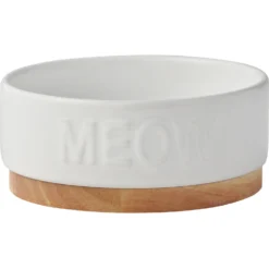 Frisco Round Meow Non-skid Ceramic Cat Bowl With Wood Base