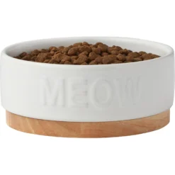 Frisco Round Meow Non-skid Ceramic Cat Bowl With Wood Base -PetPalace Picks 256078 PT3. AC SS1800 V1615313181