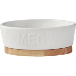 Frisco Oval Meow Non-skid Ceramic Cat Bowl With Wood Base
