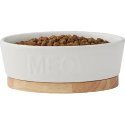 Frisco Oval Meow Non-skid Ceramic Cat Bowl With Wood Base -PetPalace Picks 256080 PT3. AC SS1800 V1615312053
