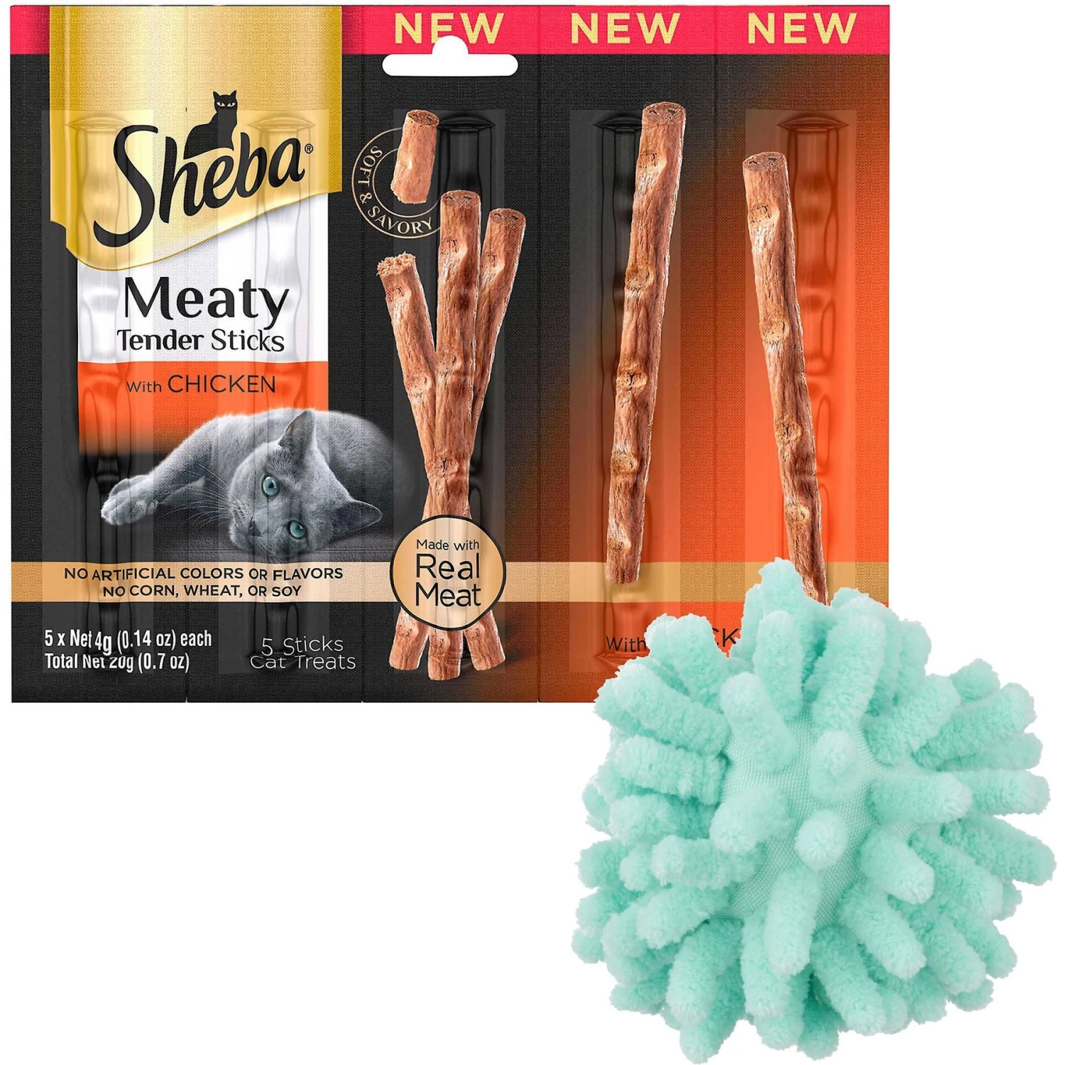 Sheba Meaty Tender Sticks Chicken Flavor Soft Adult Cat Treats & Frisco Moppy Ball Cat Toy With Catnip 1 Sheba Meaty Tender Sticks Chicken Flavor Soft Adult Cat Treats & Frisco Moppy Ball Cat Toy With Catnip