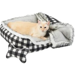 Frisco Buffalo Check Cuddler Pet Bed & Gift Set, Black & White -PetPalace Picks 299397 PT2. AC SS1800 V1639093612
