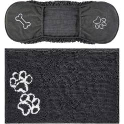 Frisco Microfiber Chenille Shammy Towel & Frisco Microfiber Chenille Paw Print Dog & Cat Mat, Dark Gray