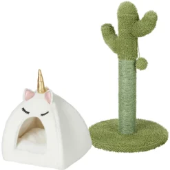 Frisco Novelty Unicorn Covered Cat & Dog Bed & Frisco Cactus Cat Scratching Post