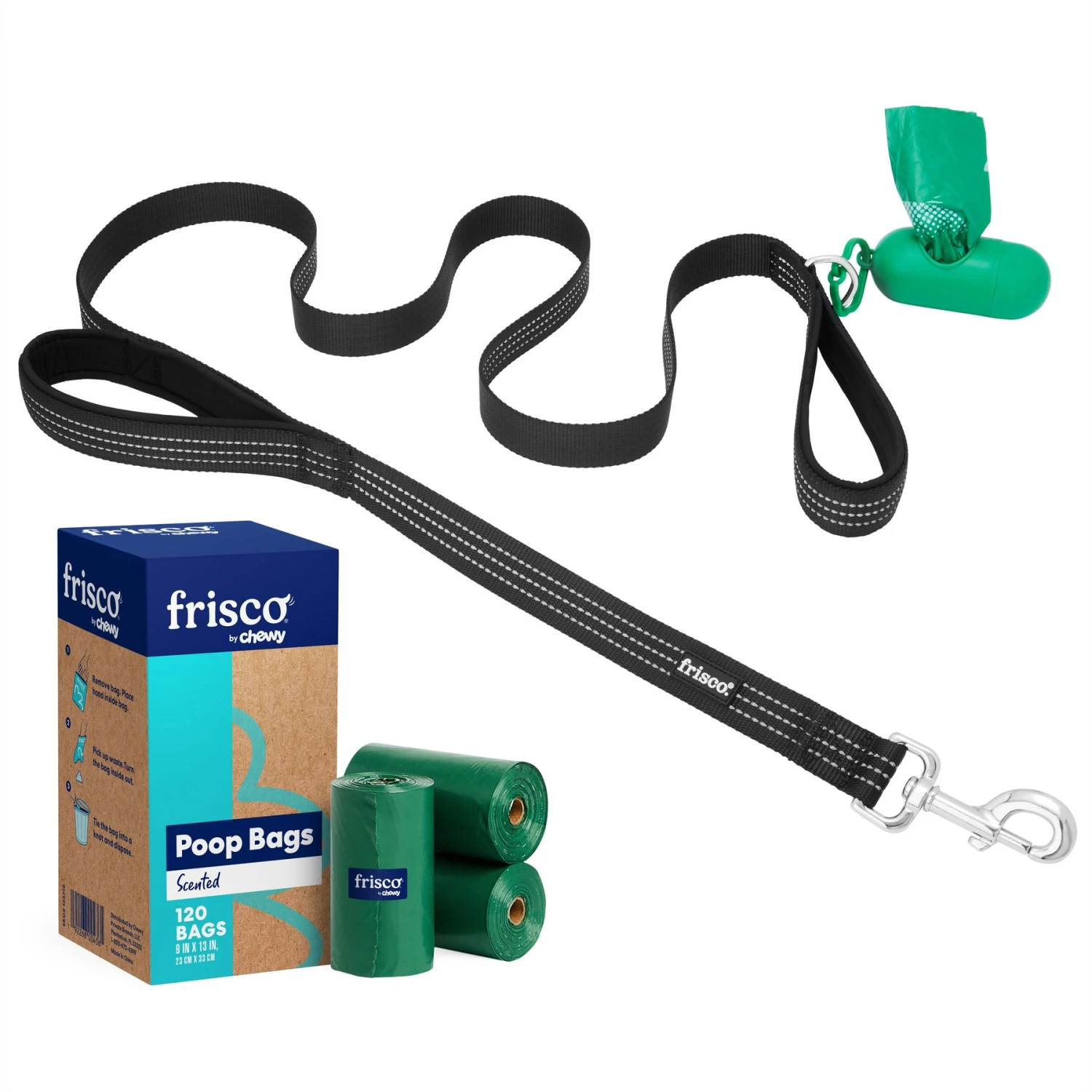 Frisco Traffic Leash With Padded Handles & Poop Bag Dispenser & Frisco Refill Dog Poop Bags Made With 50% Recycled Packaging 1 Frisco Traffic Leash With Padded Handles & Poop Bag Dispenser & Frisco Refill Dog Poop Bags Made With 50% Recycled Packaging