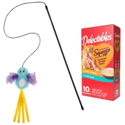 Hartz Delectables Squeeze Up Variety Pack Lickable Cat Treats & Frisco Bird With Feathers Teaser Wand Cat Toy With Catnip