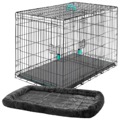 Frisco Heavy Duty Enhanced Lock Double Door Fold & Carry Wire Dog Crate & Mat Kit & MidWest Quiet Time Fleece Dog Crate Mat